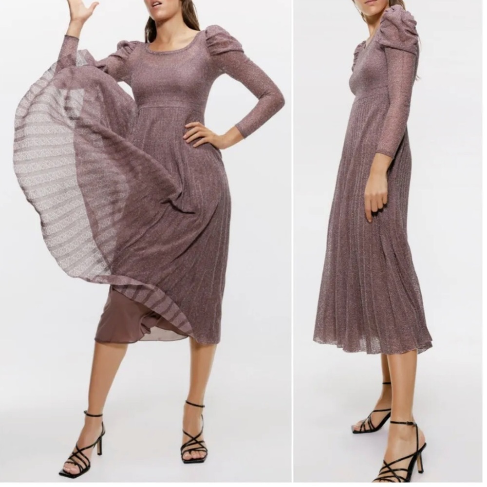 Zara Lilac and silver metallic thread, purple and metallic midi dress